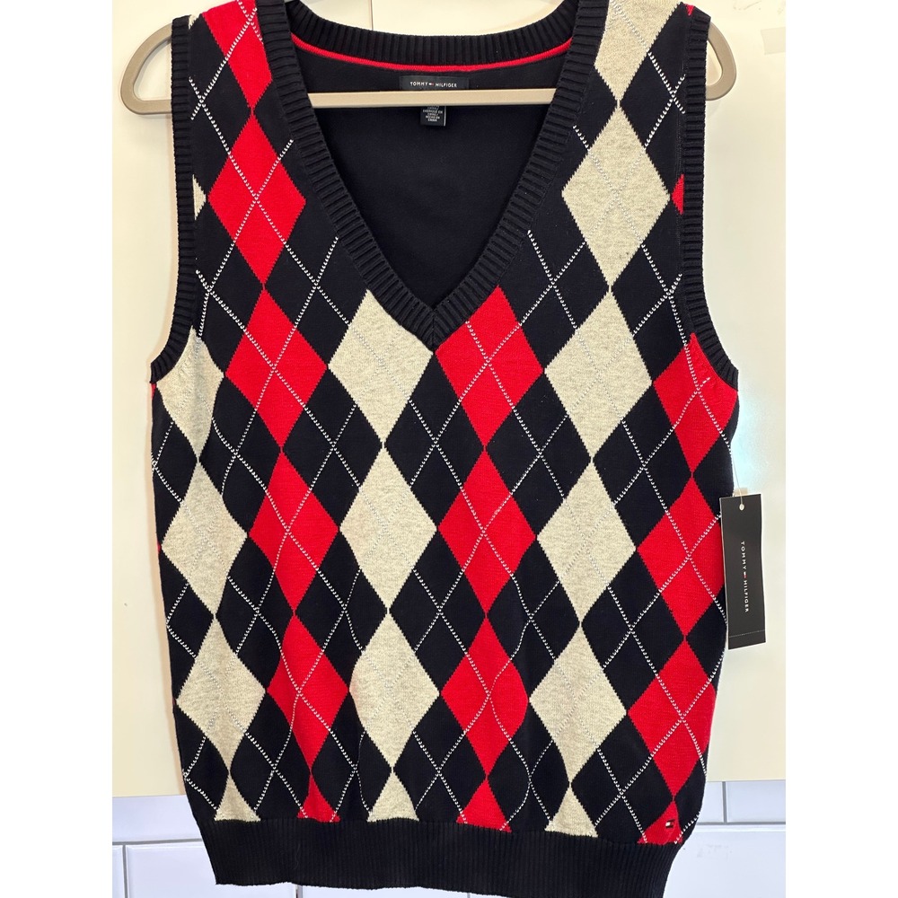 Tommy Hilfiger Womens L Argyle Sweater Vest Red Navy Preppy Golf